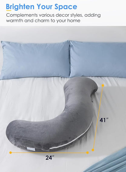 QUEEN ROSE Body Pillow for Side Sleepers, Soft Comfort S Shaped Hug Pillow for Adults, Full Body Support, Velvet Grey