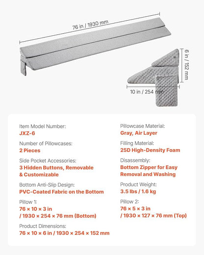VEVOR Bed Wedge Pillow for Headboard, King Size, 76"x10"x6" Bed Gap Filler, Fill 0-7" Gap Between Headboard and Mattress, 25D Foam Mattress Wedge Headboard Pillow with Side Pocket, for Backrest, Gray
