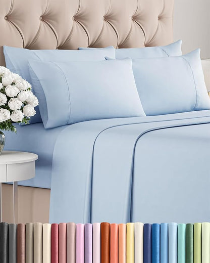 King Sheets Set 6 Piece - Includes 4 Pillowcases - Bed Sheets King Size - Soft Hotel Luxury Bedding - Cooling, Comfy, Cozy & Breathable - 1 Flat & 1 Fitted & 4 Pillowcases w/ Deep Pockets - Sky Blue