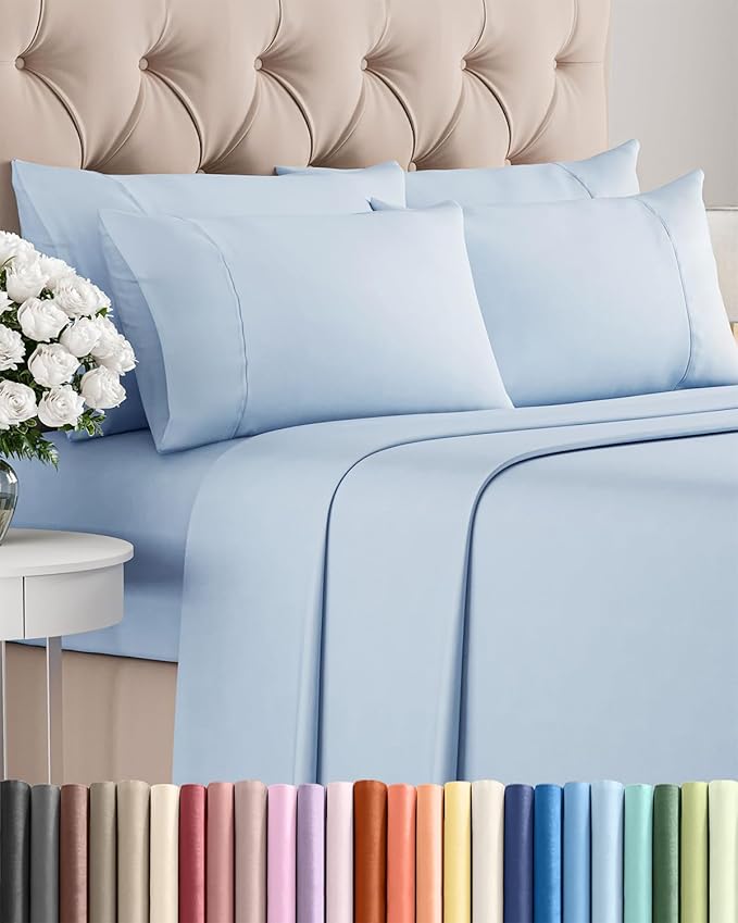 Cal King 6 Piece Sheet Set - Comfy Breathable & Cooling - Ultra-Soft Hotel Luxury Bedding Set w/ 8-16 Inch Deep Pockets - 1 Flat & 1 Fitted Sheet & 4 Pillowcases - Wrinkle Free & Easy Care - Sky Blue