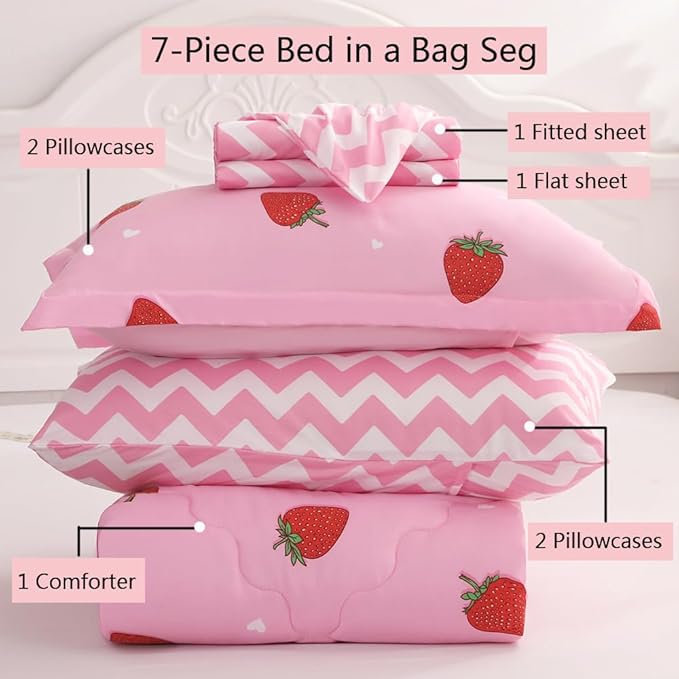 Girls Strawberry Comforter Set Queen Size - 7 Piece Bed in A Bag Bedding Set for Kids Teens - All Season (1 Comforter,1 Flat Sheet,1 Fitted Sheet and 4 Pillow Sham) Pink
