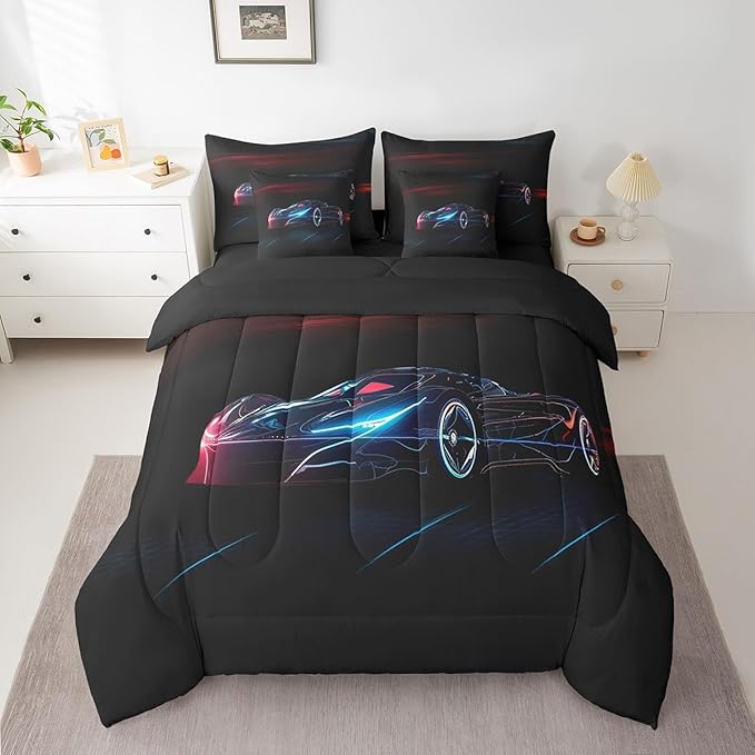 Feelyou Red Blue Race Car 7 Piece Bedding Set Full Size for Kids Boys Extreme Sport Games Comforter Set with Sheets Teens Toddler Fast and Furious Bed in a Bag Cool Modern Bed Set