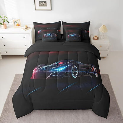 Feelyou Red Blue Race Car 7 Piece Bedding Set King Size for Kids Boys Extreme Sport Games Comforter Set with Sheets Teens Toddler Fast and Furious Bed in a Bag Cool Modern Bed Set