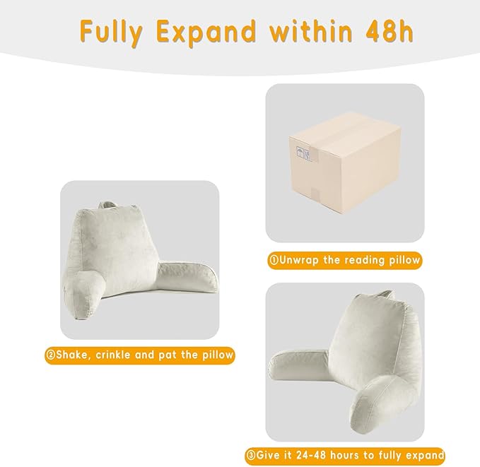 Reading Pillow for Sitting in Bed Adult, Reading Pillow with Shredded Memory Foam, Bed Pillow with Washable Cover, Back Pillow Sitting Up with Extend Arms, Beige, Large