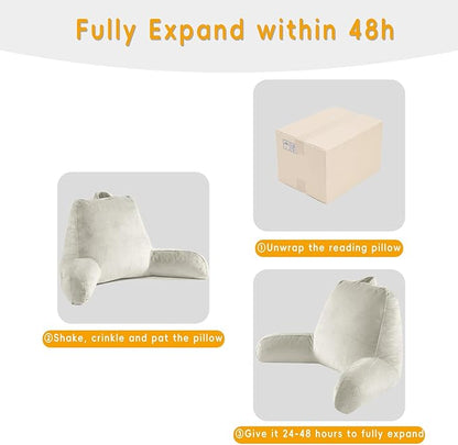 Reading Pillow for Sitting in Bed Adult, Reading Pillow with Shredded Memory Foam, Bed Pillow with Washable Cover, Back Pillow Sitting Up with Extend Arms, Beige, Large