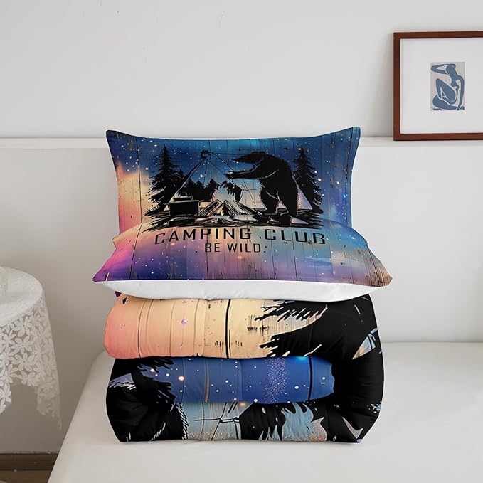 Feelyou Kids Camper Bedding Set Twin Universe Galaxy Camping Comforter for Boys Girls Farmhouse Rustic Wild Bear Decor Comforter Set Nature Starry Sky Quilt with 1 Pillow Case Boys