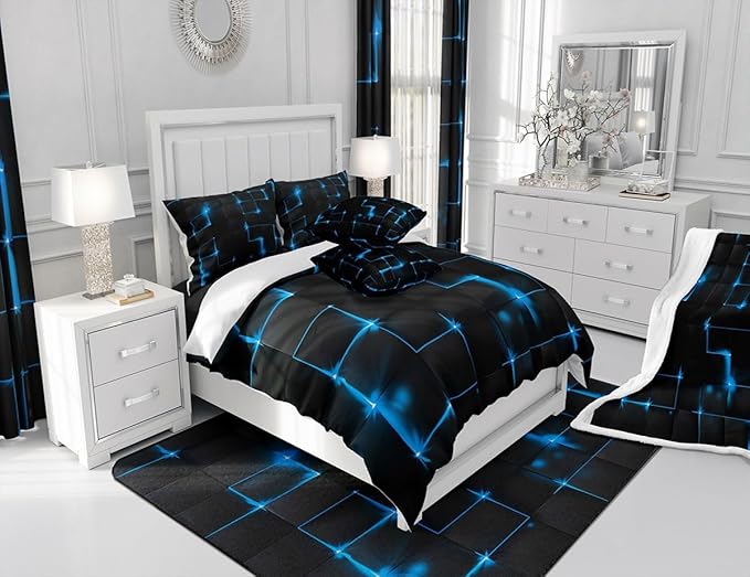 Castle Fairy Geometric Duvet Cover Set Full Size, 3D Modern Abstract Square Grid Quilt Cover with 2 Pillowcases, Blue and Black Neon Light Line Themed Soft Bedding Set for Boys Teens Room Decor