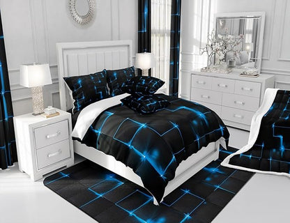 Castle Fairy Abstract Duvet Cover Set Twin Size, Modern Geometric Grid Square Comforter Cover Bedroom Decor, Blue and Black Neon Light Microfiber Polyester Bedding Set for Kids Boys, 1 Pillowcase
