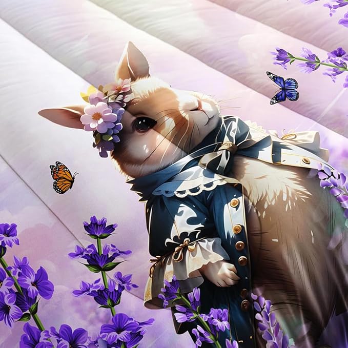 Lavender Rabbit Comforter Full Kids Rabbit Bedding Set Cute Bunny Quilt Bed Set Bedroom Decor Includes 1 Comforter, 2 Pillowcases for Girls Boys Teens