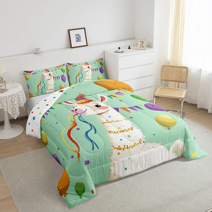 Funny Alpaca Bedding Set Queen Size Cartoon Wild Animal Comforter for Child Teens Colorful Balloons Dots Down Comforter Geometric Triangle Flag Duvet Insert with 2 Pillowcases
