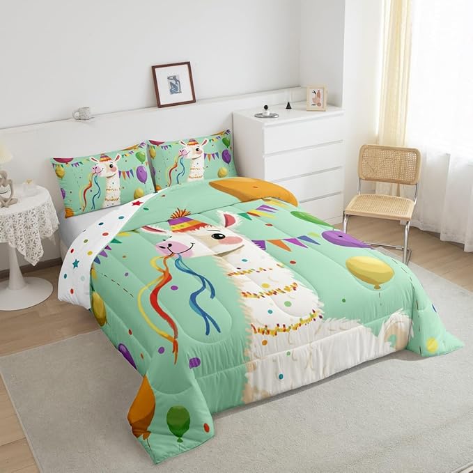Funny Alpaca Bedding Set Toddler Size Cartoon Wild Animal Comforter for Child Teens Colorful Balloons Dots Down Comforter Geometric Triangle Flag Duvet Insert with 1 Pillowcase