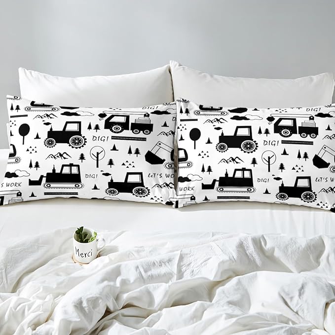 Feelyou Construction Bedding Set King Size Equipment Trucks Comforter Set for Kids Boys Girls Decor Cartoon Car Excavator Tractor Comforter Black White Duvet Set Bedroom Quilt Set