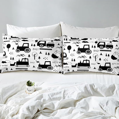 Feelyou Construction Bedding Set Queen Size Equipment Trucks Comforter Set for Kids Boys Girls Decor Cartoon Car Excavator Tractor Comforter Black White Duvet Set Bedroom Quilt Set
