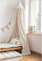 Bed Canopy with Frills Reading Nook Game Tent for Kids Boho Hanging Net Play Room Decor(Beige)