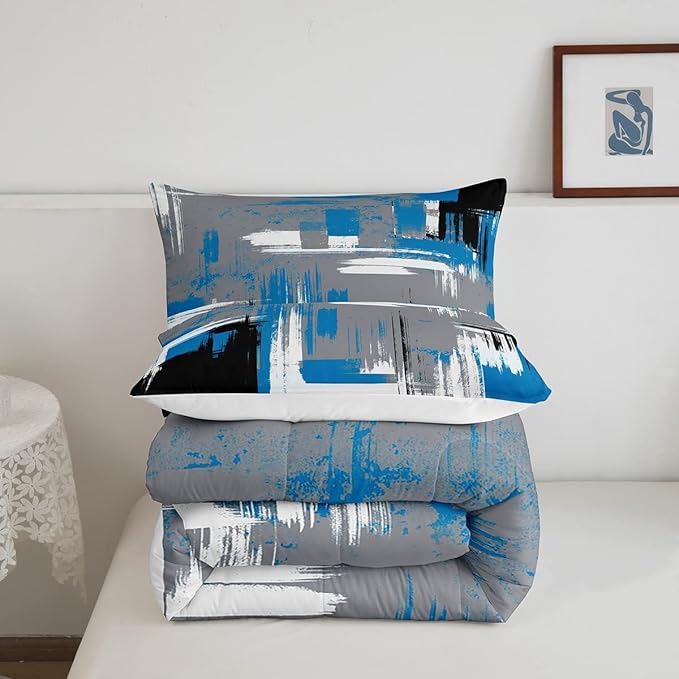 Feelyou Abstract Bedding Set Kids Modern Abstract Art Comforter Set Blue Grey Black Comforter for Boys Room Decor Lightweight Retro Duvet Set Toddler Size with 1 Pillow Case