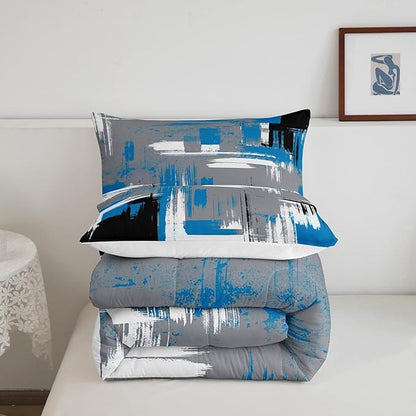 Feelyou Abstract Bedding Set Kids Modern Abstract Art Comforter Set Blue Grey Black Comforter for Boys Room Decor Lightweight Retro Duvet Set Toddler Size with 1 Pillow Case