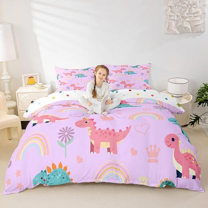Kawaii Dino Duvet Cover Set King Size,Cute Rainbow Floral Love Heart Reversible Comforter Cover with 2 Pillowcases,Pink Blue Dinosaur Lovely Animal Microfiber Quilt Cover Set (NO Comforter)