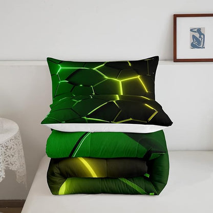 Feelyou Honeycomb Comforter Green Yellow Hexagonal Print Bedding Set for Kids Boys Girls Children Beehive Geometrical Comforter Set Ultra Soft Decor Reticulated Duvet Set Full Size