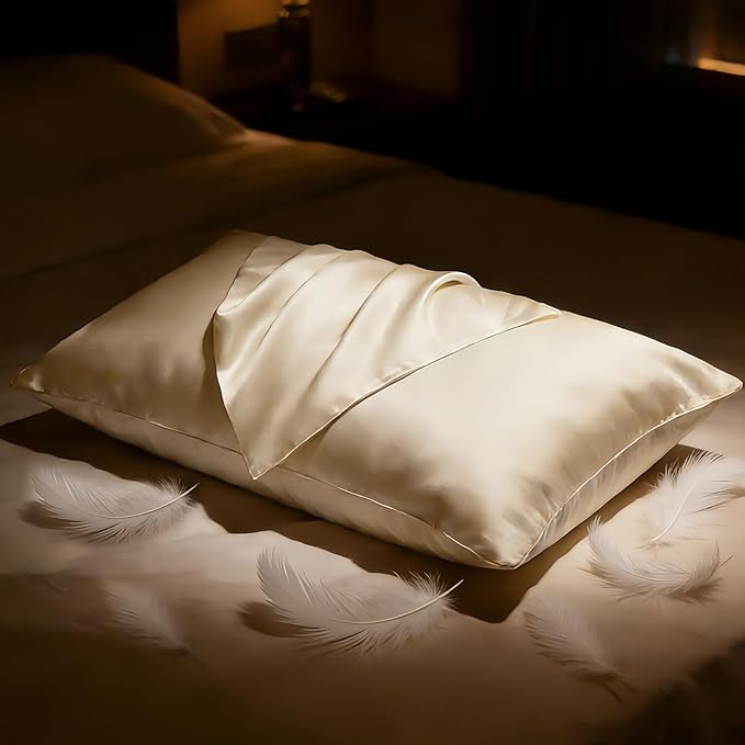 BHZ Beige Satin Goose Down Feather Pillows Standard Size with Pillowcase for Hair and Skin, Cooling Pillow Cases Similar to Silk Pillow Cases, Decorative for Women, Mom Men