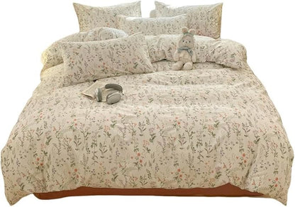Floral Duvet Cover Queen Size Green Floral On White Bedding Set 3Pcs Spring Romantic Garden Botanical Reversible Cottagecore Comforter Cover with Zipper Closure and 2 Pillowcases