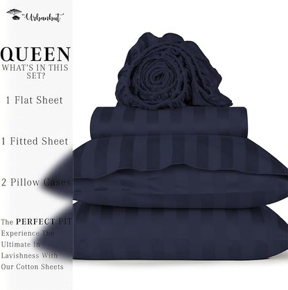 URBANHUT 1000 Thread Count Damask Striped Queen Sheet Set Egyptian Cotton Sheets, Long Staple Soft & Breathable, 4 Pc Bed Sheet Sets, Luxury Hotel Sateen Sheets Fits 16" Deep Pocket - Navy Blue