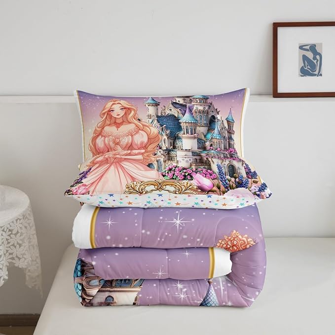 Pretty Princess Kids Comforter Set Queen Size,Dreamy Castle Cartoon Fairy Tale Reversible Bedding Set for Adult,Colorful Floral Starry Galaxy Luxury Bed Duvet Insert,2 Pillowcases