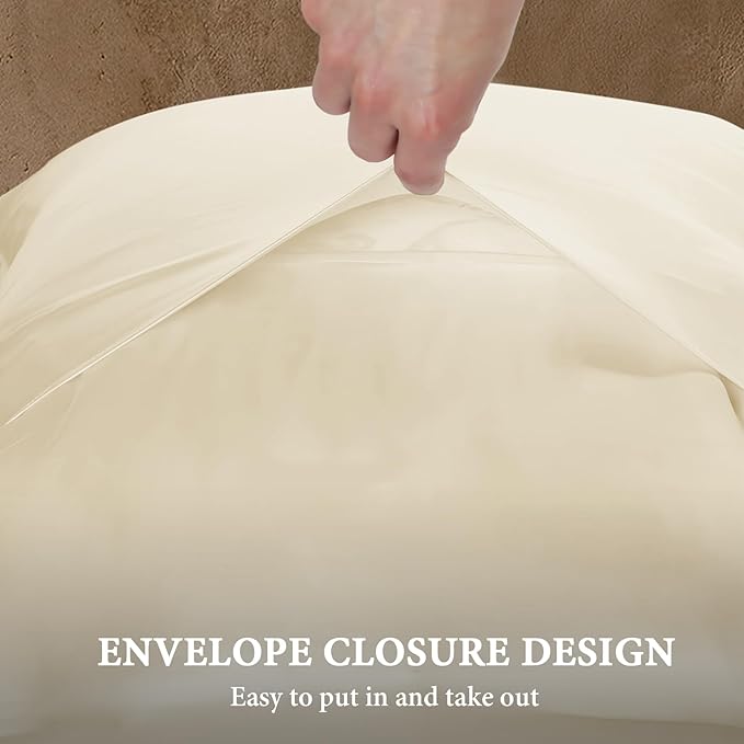 BHZ Beige Satin Goose Down Feather Pillows Queen Size with Pillowcase for Hair and Skin, Cooling Pillow Cases Similar to Silk Pillow Cases, Decorative for Women, Mom Men