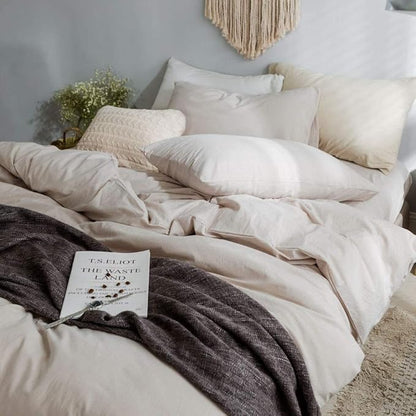 Beige Duvet Cover Queen, 100% Washed Cotton Linen Like Textured Solid Color Casual Modern Style Beige Bedding Set, with Zipper Closure, Luxury Soft Relaxed Feel Natural Wrinkled Comfy (3pcs, Queen)