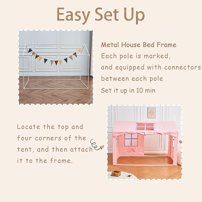 Twin Bed Tent Indoor Bed Canopy Kids Tents for Girls with 2 Doors, Breathable Private Space Fort Tents for Kids Floor Bed (Twin, Pink)