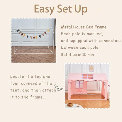Twin Bed Tent Indoor Bed Canopy Kids Tents for Girls with 2 Doors, Breathable Private Space Fort Tents for Kids Floor Bed (Twin, Pink)