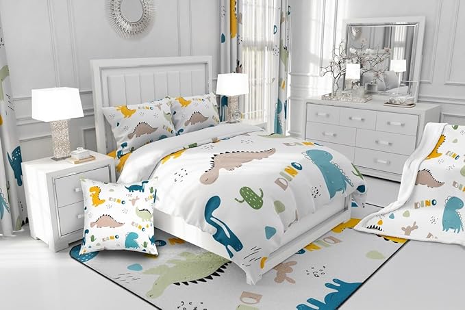 Feelyou Cute Dinosaur Comforter Set Cartoon Cactus Bedding Set Decor Jungle Dino Boho Succulent Comforter Wild Animal Pattern Yellow Grey Duvet Set Bedroom Quilt Set 3Pcs King