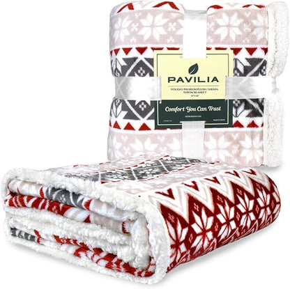 PAVILIA Premium Christmas Sherpa Throw Blanket, Red White Snowflake Holiday Blanket, Ultra-Soft Reversible Fleece Winter Throw for Home Decoration, Cozy Plush 50x60