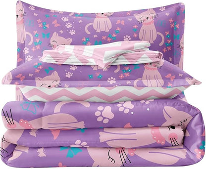 5 Piece Girls Cat Comforter Set Full Size Bed in A Bag Pink Cute Cartoon Cats Bedding Set for Kids Teens (1 Comforter, 1 Flat Sheet, 1 Fitted Sheet, 2 Pillowcases), Purple Pink