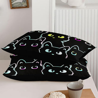 Axolotl Kids Bedding Cartoon Cat Comforter Set, Full Size, Gradient Line Cute Cat Bedding Set for Teens, Kids, Boys, Girls, Adults Room Decor, All Season, 1 Comforter 2 Pillow Cases, Black