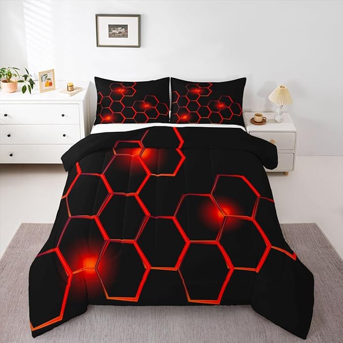 Feelyou Honeycomb Kids Comforter Set ModernHexagon Bedding Set for Boys Teens Decor Geometrical Comforter Beehive Geometric Black Red Duvet Set King Size with 3 Pillow Case Boys