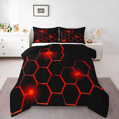 Feelyou Honeycomb Kids Comforter Set ModernHexagon Bedding Set for Boys Teens Decor Geometrical Comforter Beehive Geometric Black Red Duvet Set King Size with 3 Pillow Case Boys