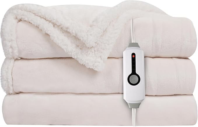 Electric Heated Blanket Throw Size - 50"x60", Soft Flannel Heating Blanket, 4 Heating Levels, 3 H Auto Shut Off, Breathable Warm and Washable for Sofa, White