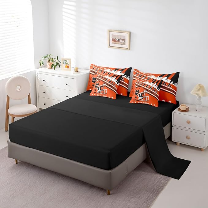 Erosebridal Queen Size Football Kids Comforter Set City Seasonal Color Gridiron Bedding, Rugby Sports Helmets Comforter + Flat Sheet + Fitted Sheet + 2 Pillowcases + 2 Throw Pillow Covers
