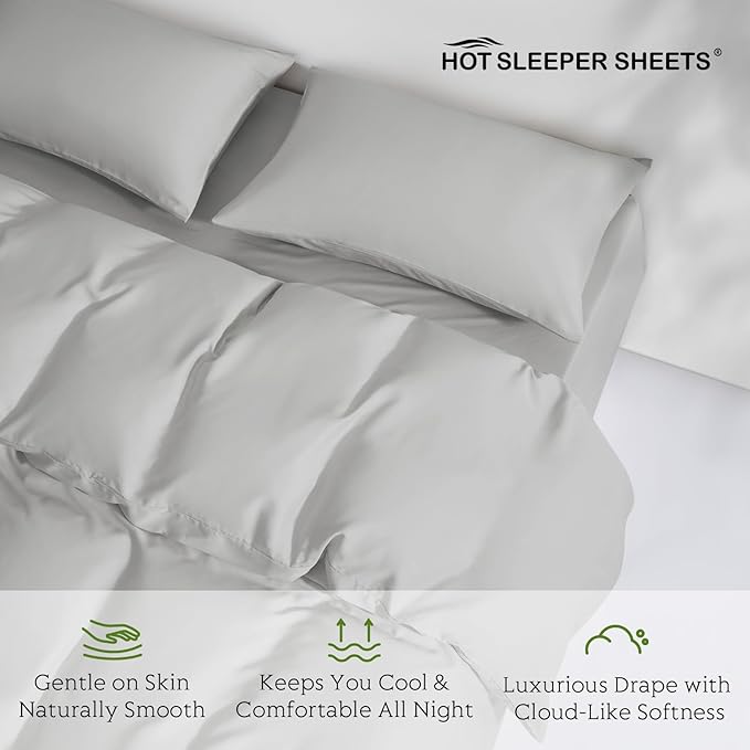 Tencel Duvet Cover Set, Full/Queen Size Cooling Duvet Cover for Hot Sleepers, 100% Eucalyptus Lyocell, 3 Pieces, 1 Zipper Closure Duvet Cover (90" x 90") and 2 Pillowcases (20" x 30") - Light Grey
