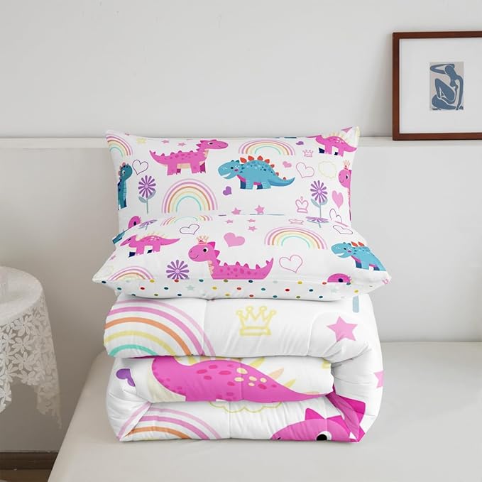 Castle Fairy Kawaii Dino Kids Comforter Set Queen Size,Cute Rainbow Floral Love Heart Reversible Bedding Set for Girls Bedroom Decor Purple Blue Dinosaur Lovely Animal Quilted Duvet,2 Pillowcases