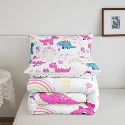 Castle Fairy Kawaii Dino Bedding Sets Full Size,Cute Rainbow Floral Love Heart Reversible Down Comforter Breathable Polyester Quilt Set,Purple Blue Dinosaur Lovely Animal Duvet Insert,2 Pillowcases