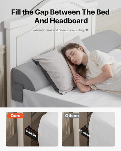 VEVOR Bed Wedge Pillow for Headboard, King Size, 76"x8"x6" Bed Gap Filler, Fill 0-5" Gap Between Headboard and Mattress, 25D Foam Mattress Wedge Headboard Pillow with Side Pocket, for Backrest, Gray