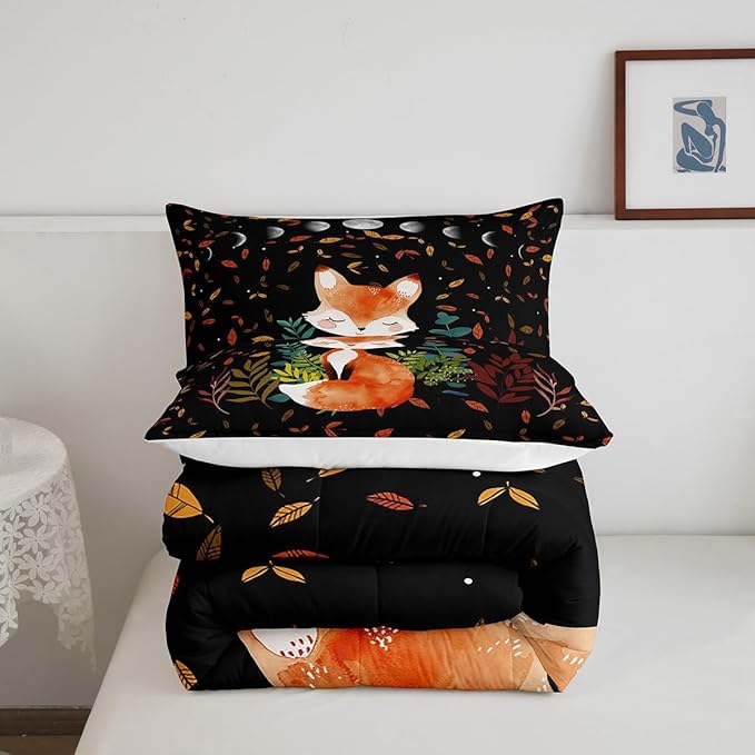 Castle Fairy Red Fox Printed Full Size Comforter Set Colorful Leaf Bedding Set for Kids Adults Teens Cute Animals Comforter Luxury Starry Sky Moon Quilt Set Room Decor 3Pcs