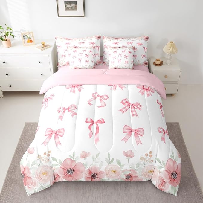 Erosebridal Kawaii Pink Bowknot Bed in A Bag | Flower Bow Decorations Bedding Set for Girls Preppy Coquette Bows Comforter Sets with Sheets, 7 Pieces Romance Bed Set Bedroom Decor (Twin)
