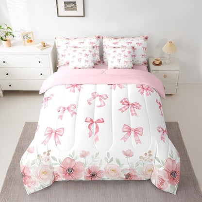 Erosebridal Kawaii Pink Bowknot Bed in A Bag | Flower Bow Decorations Bedding Set for Girls Preppy Coquette Bows Comforter Sets with Sheets, 7 Pieces Romance Bed Set Bedroom Decor (Twin)