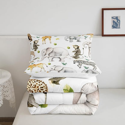 Castle Fairy Wild Animal Theme Comforter Set King Size Monkey Elephant Giraffe Bedding Set Bedroom Decor Tropical Wildlife Quilt Set for Kids Boys Girls Green Leaves Duvet Insert 3Pcs