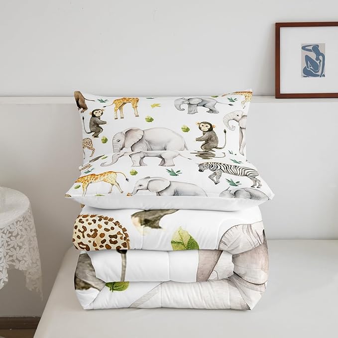 Castle Fairy Wild Animal Theme Comforter Set Toddler Size Monkey Elephant Giraffe Bedding Set Bedroom Decor Tropical Wildlife Quilt Set for Kids Boys Girls Green Leaves Duvet Insert 2Pcs