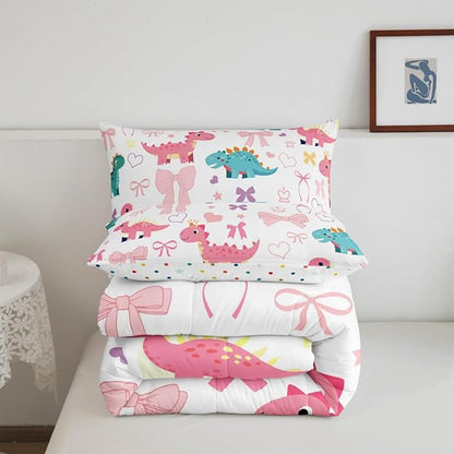 Cute Dino Kids Comforter Set King Size,Kawaii Bowknot Heart Princess Style Reversible Bedding Set All Season Quilt,Pink Blue Dinosaur Cartoon Animal Microfiber Polyester Down Comforter