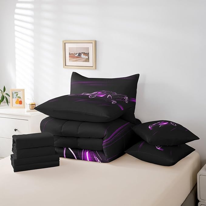 Feelyou Purple Race Car 7 Piece Bedding Set King Size for Kids Boys Extreme Sport Games Comforter Set with Sheets Teens Toddler Fast and Furious Bed in a Bag Cool Modern Bed Set