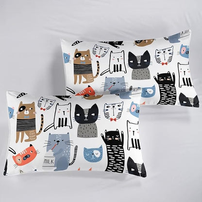 CVHOUSE Cat Duvet Cover Set, Cartoon Cat Comforter Set, Queen Size, 3 Piece Set (1 Quilt Cover, 2 Pillowcases)